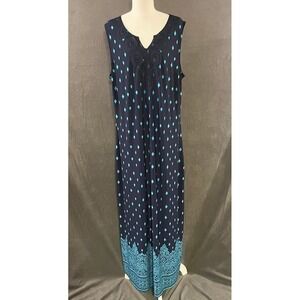 Catherines Navy Turquoise Ikat Crochet Lace Trim Sleeveless Maxi Dress 1X 18/20W